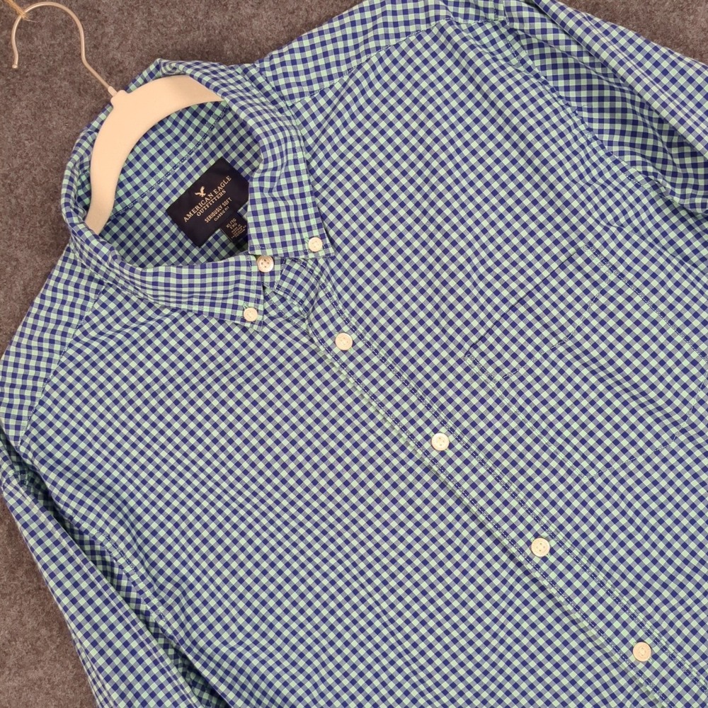 American Eagle Seriously Soft Classic Fit Mens XL Blue Green Gingham Long Sleeve